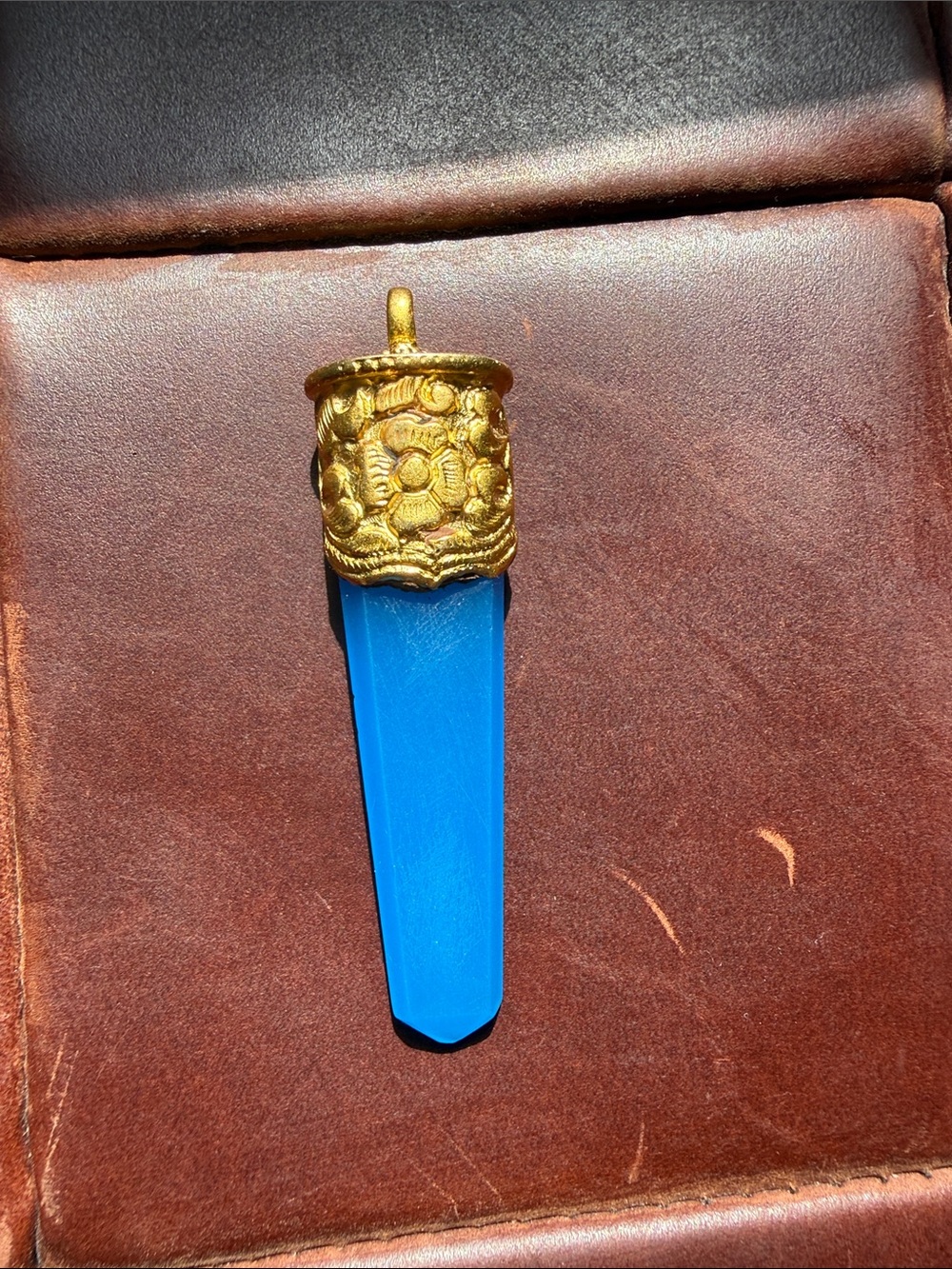 Artisan 18K Gold overlay Floral Cap vivid Blue hydro quartz long point pendant